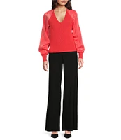 DKNY by Donna Karan Mixed Media Knit V-Neck Long Sleeve Sweater