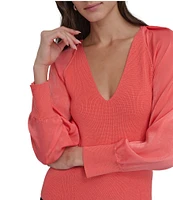 DKNY by Donna Karan Mixed Media Knit V-Neck Long Sleeve Sweater