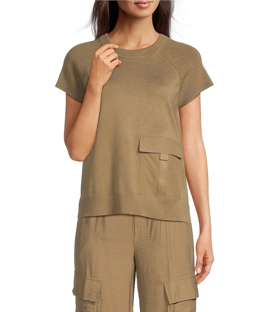 DKNY by Donna Karan Mixed Media Satin Cargo Pocket Crew Neck Short Sleeve Top