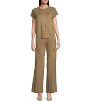 DKNY by Donna Karan Mixed Media Satin Pocket Wide Leg Cargo Pant