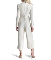 DKNY by Donna Karan Notch Collar Long Sleeve Satin Trim Wide Leg Jumpsuit