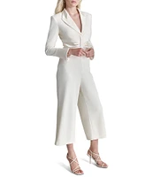 DKNY by Donna Karan Notch Collar Long Sleeve Satin Trim Wide Leg Jumpsuit