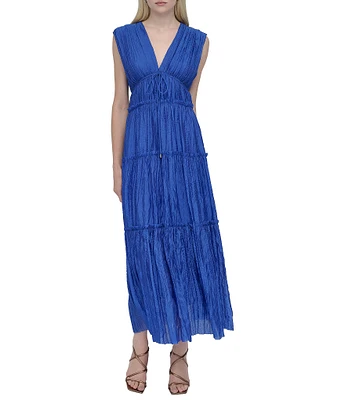 DKNY by Donna Karan Organza V Neck Sleeveless Front Tie Sheath Maxi Dress