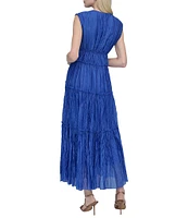 DKNY by Donna Karan Organza V Neck Sleeveless Front Tie Sheath Maxi Dress