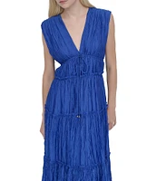 DKNY by Donna Karan Organza V Neck Sleeveless Front Tie Sheath Maxi Dress