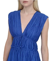 DKNY by Donna Karan Organza V Neck Sleeveless Front Tie Sheath Maxi Dress