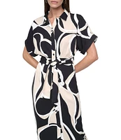 DKNY by Donna Karan Petite Size Collared Neck Short Sleeve Tie Sash Belt Shirt Dress