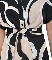 DKNY by Donna Karan Petite Size Collared Neck Short Sleeve Tie Sash Belt Shirt Dress