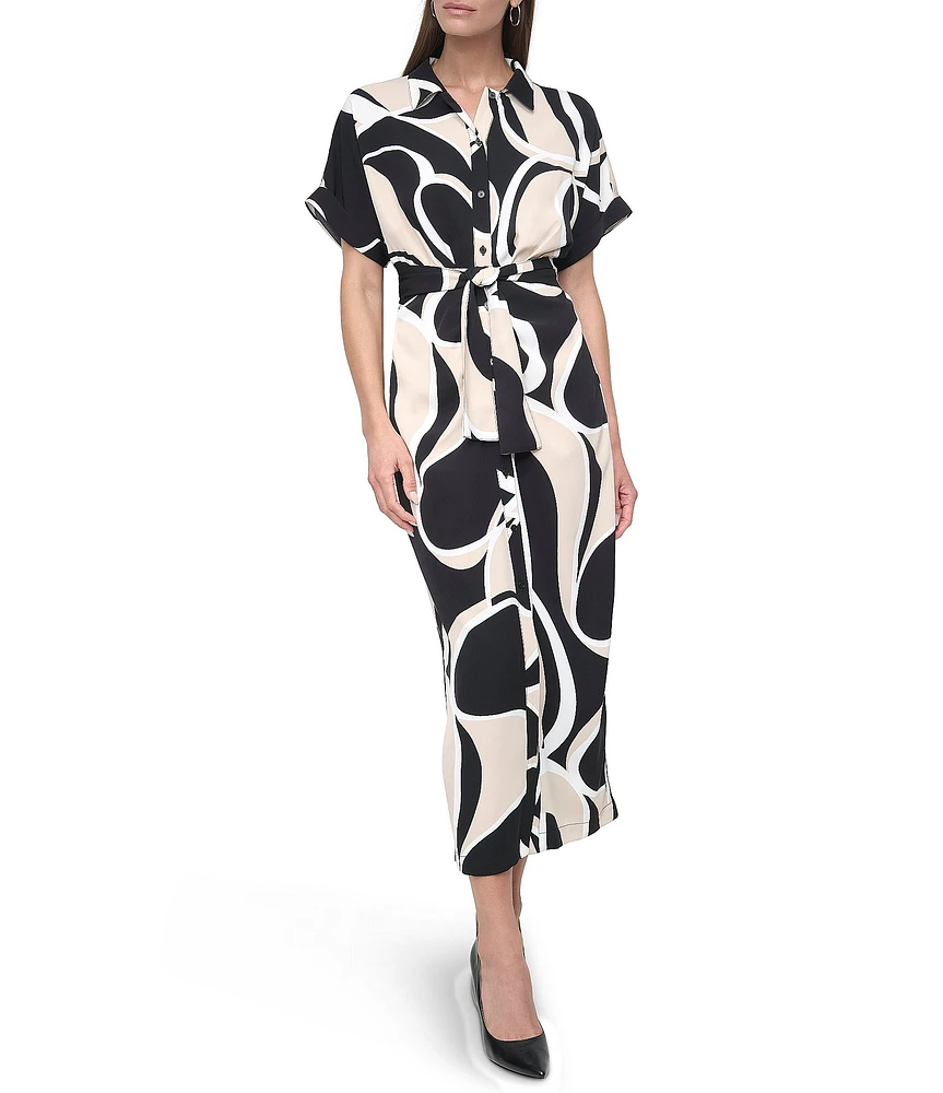 DKNY by Donna Karan Petite Size Collared Neck Short Sleeve Tie Sash Belt Shirt Dress