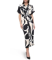 DKNY by Donna Karan Petite Size Collared Neck Short Sleeve Tie Sash Belt Shirt Dress