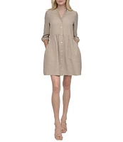 DKNY by Donna Karan Petite Size Crew Neck 3/4 Sleeve Button Front Shirt Dress