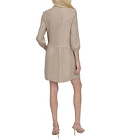 DKNY by Donna Karan Petite Size Crew Neck 3/4 Sleeve Button Front Shirt Dress