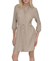 DKNY by Donna Karan Petite Size Crew Neck 3/4 Sleeve Button Front Shirt Dress