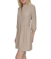 DKNY by Donna Karan Petite Size Crew Neck 3/4 Sleeve Button Front Shirt Dress