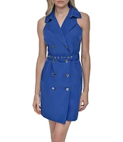 DKNY by Donna Karan Petite Size Tech Taffeta Notch Collar Neck Sleeveless Belted Sheath Mini Dress