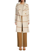 DKNY by Donna Karan Petite Size Windowpane Plaid Wool Envelope Collar Single Breasted Walker Coat