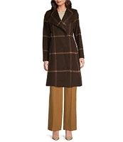 DKNY by Donna Karan Petite Size Windowpane Plaid Wool Envelope Collar Single Breasted Walker Coat