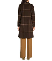 DKNY by Donna Karan Petite Size Windowpane Plaid Wool Envelope Collar Single Breasted Walker Coat