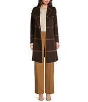 DKNY by Donna Karan Petite Size Windowpane Plaid Wool Envelope Collar Single Breasted Walker Coat