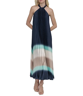 DKNY by Donna Karan Pleated Charmeuse Ombre Print Halter Neck Sleeveless Sheath Midi Dress