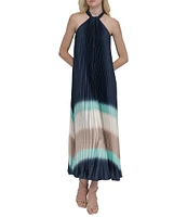 DKNY by Donna Karan Pleated Charmeuse Ombre Print Halter Neck Sleeveless Sheath Midi Dress