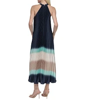 DKNY by Donna Karan Pleated Charmeuse Ombre Print Halter Neck Sleeveless Sheath Midi Dress