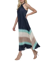 DKNY by Donna Karan Pleated Charmeuse Ombre Print Halter Neck Sleeveless Sheath Midi Dress