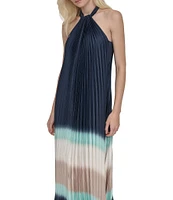 DKNY by Donna Karan Pleated Charmeuse Ombre Print Halter Neck Sleeveless Sheath Midi Dress