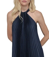 DKNY by Donna Karan Pleated Charmeuse Ombre Print Halter Neck Sleeveless Sheath Midi Dress