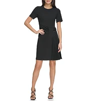 DKNY by Donna Karan Pleated Knit Crew Neck Short Sleeve Faux Wrap Waist A-Line Dress