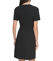 DKNY by Donna Karan Pleated Knit Crew Neck Short Sleeve Faux Wrap Waist A-Line Dress