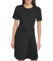 DKNY by Donna Karan Pleated Knit Crew Neck Short Sleeve Faux Wrap Waist A-Line Dress