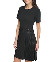 DKNY by Donna Karan Pleated Knit Crew Neck Short Sleeve Faux Wrap Waist A-Line Dress