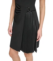 DKNY by Donna Karan Pleated Knit Crew Neck Short Sleeve Faux Wrap Waist A-Line Dress