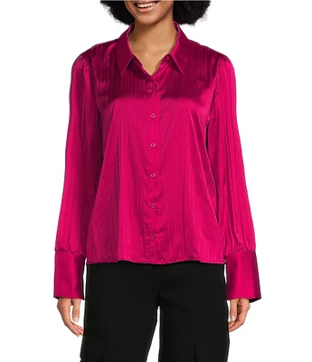 DKNY by Donna Karan Pleated Satin Point Collar Long Sleeve Button-Front Top