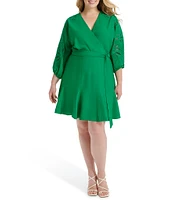DKNY by Donna Karan Plus Size 3/4 Sleeve V-Neck Tie Waist Faux Wrap Dress