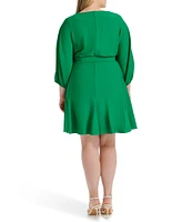 DKNY by Donna Karan Plus Size 3/4 Sleeve V-Neck Tie Waist Faux Wrap Dress