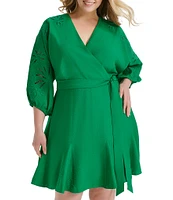 DKNY by Donna Karan Plus Size 3/4 Sleeve V-Neck Tie Waist Faux Wrap Dress
