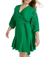 DKNY by Donna Karan Plus Size 3/4 Sleeve V-Neck Tie Waist Faux Wrap Dress