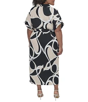 DKNY by Donna Karan Plus Size Crepe Collared Neck Short Sleeve Tie Sash Belt Shirt Dress