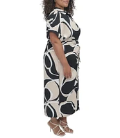 DKNY by Donna Karan Plus Size Crepe Collared Neck Short Sleeve Tie Sash Belt Shirt Dress