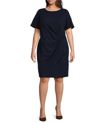 DKNY by Donna Karan Plus Size Crew Neck Short Sleeve Wrap Skirt Overlay Dress