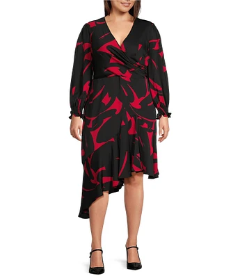 DKNY by Donna Karan Plus Size Floral Surplice V-Neck Long Sleeve Asymmetrical Hemline Dress