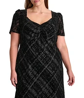 DKNY by Donna Karan Plus Size Plaid Print V-Neck Short Puff Sleeves Empire Shirred Dress