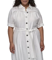 DKNY by Donna Karan Plus Size Short Sleeve Button Front Midi Dress