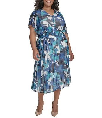 DKNY by Donna Karan Plus Size Short Sleeve Printed Blouson Midi Dress