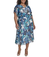 DKNY by Donna Karan Plus Size Short Sleeve Printed Blouson Midi Dress