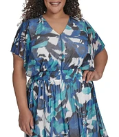 DKNY by Donna Karan Plus Size Short Sleeve Printed Blouson Midi Dress