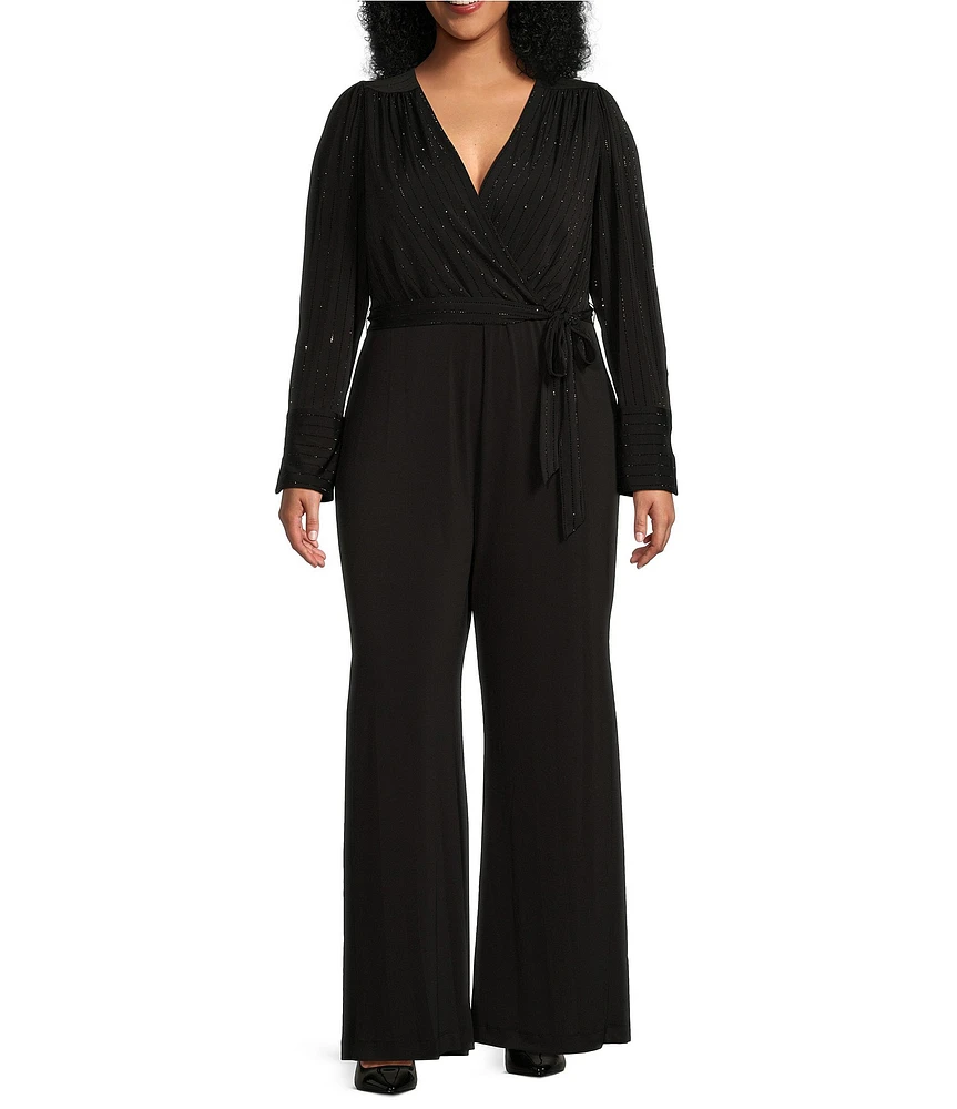 DKNY by Donna Karan Plus Size Surplice V-Neck Long Sleeve Front Tie Wide Leg Jumpsuit