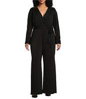 DKNY by Donna Karan Plus Size Surplice V-Neck Long Sleeve Front Tie Wide Leg Jumpsuit